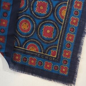 Vintage Echo Wool Scarf Reversible Blue Navy Red Gold Boho Print 34' x 34'